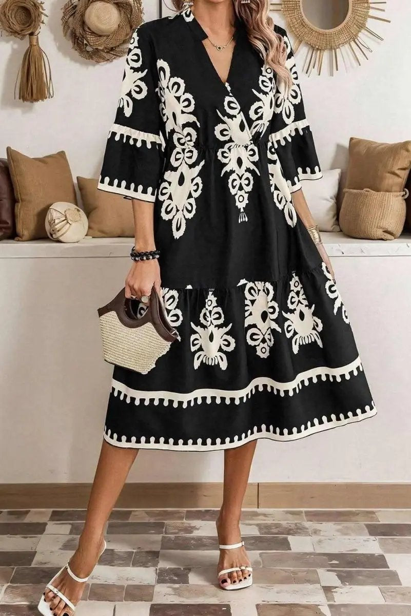 Black Western Geometric Print 3/4 Sleeve Loose Midi Dress - Love Salve